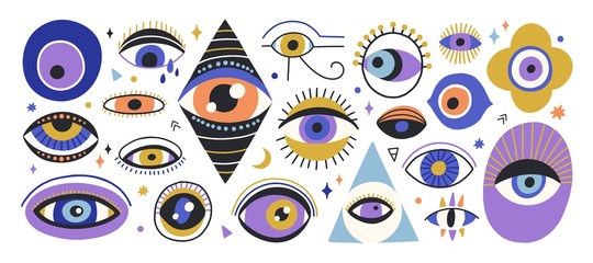 Fototapeta Set of various hand drawn doodle eyes vector flat illustration. Collection of evil, ra, turkish, greek and esoteric eye different shapes isolated on white background. Colorful clairvoyance elements obraz