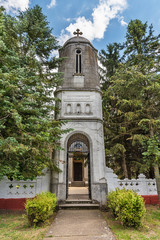 Becej, Serbia - May 25, 2020: The chapel of Bogdan Dundjerski near Becej is located on the estate within the Fantast castle, as the grave chapel of the founder. Orthodox chapel in Serbia.