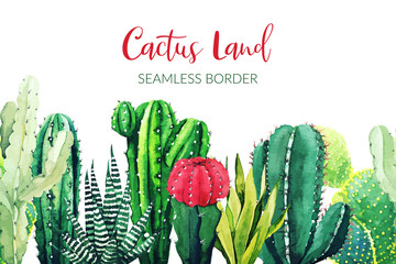 Seamless border composed of watercolor cactus plants © nurofina