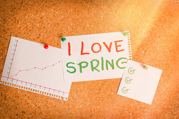 Writing note showing I Love Spring. Business concept for telling why having a strong affection to this season Corkboard size paper thumbtack sheet billboard notice board
