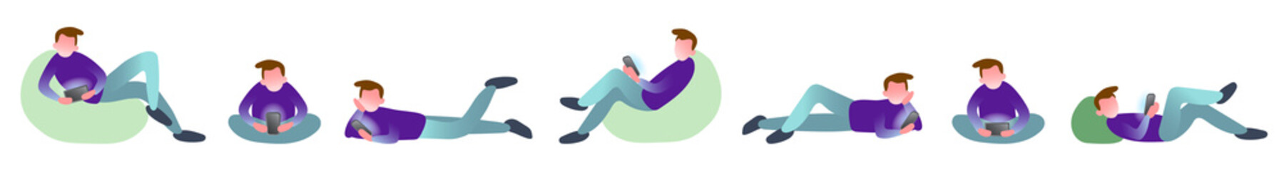 Colour set of people with smartphones. Isolated vector illustration of characters with smartphones. Collection of people holding gadgets and send mail. Human with devices send message.
