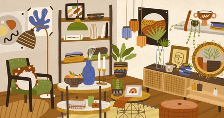 Colorful hand drawn modern interior vector illustration. Cosiness furnishing living room decorated by hygge design elements. Cozy apartment with trendy homey decorations