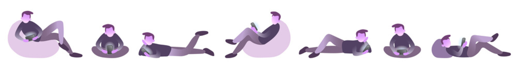 Monochrome set of people with smartphones. Isolated vector illustration of characters with smartphones. Collection of people holding gadgets and send mail. Human with devices send message.