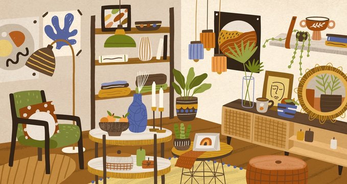 Colorful hand drawn modern interior vector illustration. Cosiness furnishing living room decorated by hygge design elements. Cozy apartment with trendy homey decorations