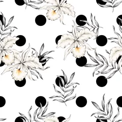 Cercles muraux Orchidee Fleurs d& 39 orchidées tropicales, feuilles de palmier, pois, fond blanc. Modèle sans couture de vecteur. Illustration botanique. Plantes exotiques. Conception florale de plage d& 39 été. Nature paradisiaque