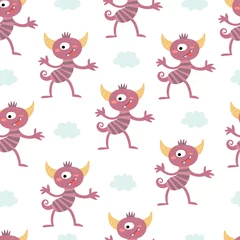 Tapeten Lustige Monster. Schönes nahtloses Muster für Kinderdesigns. Süße lächelnde Kreaturen in hellen Farben im Vektor. Toller kindlicher Hintergrund © iryna_boiko