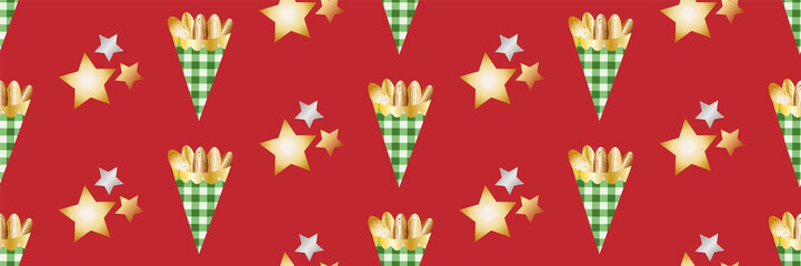 Roasted almond nuts in gingham paper bags vector seamless border. Banner of golden confectionery and stars on red backdrop. For festive ribbon, trim, edging seasonal food or Christmas fair concept