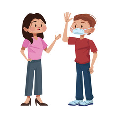 young couple using medical masks characters