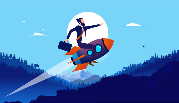 Businessman on rocket in landscape - Man flying on spaceship up hill in high speed with landscape in background. Boost your business, startup growth and progress concept. Vector illustration.