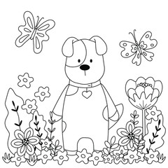 Children's coloring book with cute puppy, flowers, butterflies. Simple shapes, contour for small children. Vector illustration of a square page.