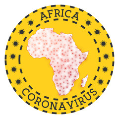 Coronavirus in Africa sign. Round badge with shape of Africa. Yellow continent lockdown emblem with title and virus signs. Vector illustration.