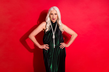 Photo of attractive beautiful aged grey haired lady luxury night evening makeup arms by sides...