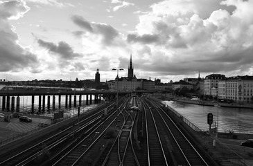 Stockholm, the capital of Sweden in black and white with railway tracks