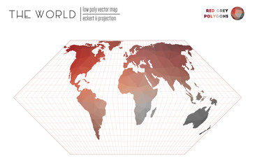 World map in polygonal style. Eckert II projection of the world. Red Grey colored polygons. Creative vector illustration.