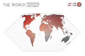 Fototapeta premium World map in polygonal style. Eckert II projection of the world. Red and grey colored polygons. Creative vector illustration.