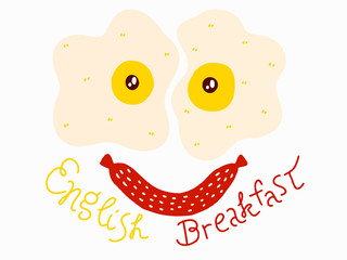 Good Morning Eggs and Sausage Breakfast Platter, Form of smiling face. English breakfast concept card in cartoon style. Vector illustration