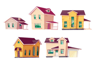 Evolution house architecture set. Dwellings time line from single story construction to modern cottage front view isolated on white background. Housing technology progress Cartoon vector illustration