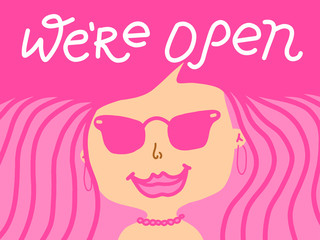 We're open sign. Grand reopening after coronavirus quarantine. Cartoon doodle sketch of woman face. Hair salon and beauty studio concept. Design of banner after pandemic of covid-19.
