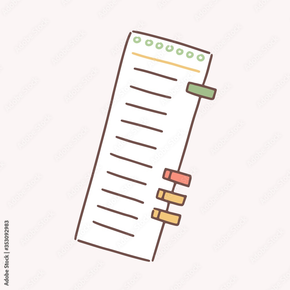 Poster Cartoon paper to do list with colorful bookmarks vector flat illustration. Colored hand drawn icon note blank isolated on white background. Lined checklist decorated by design elements