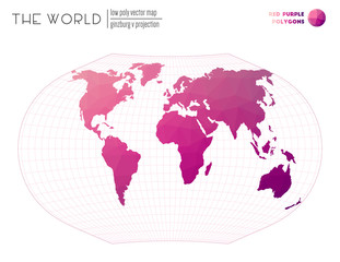 Low poly world map. Ginzburg V projection of the world. Red Purple colored polygons. Energetic vector illustration.