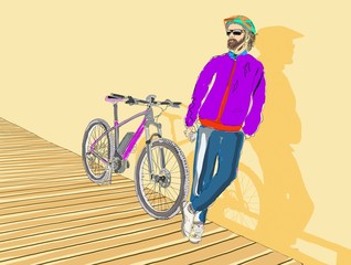 Biker, hombre apoyado en una  pared con su bicicleta. Biker, man leaning against a wall with his bike.