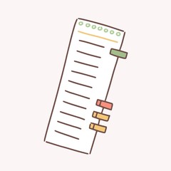 Cartoon paper to do list with colorful bookmarks vector flat illustration. Colored hand drawn icon note blank isolated on white background. Lined checklist decorated by design elements