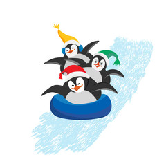 Three funny Christmas penguins are tubing down snowing hill. Flat vector cartoon illustration with texture. Can be used as postcards, posters, greeting cards, etc. 