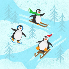 Three funny Christmas penguins slide down winter hills: on skates, on a sled, on skis. Flat Vector  cartoon illustration with texture. Can be used as postcards, posters, greeting cards. 