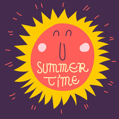 Summer time lettering. Hand drawn typographic design for logo, sign, badge, t-shirt print, postcard or poster. Vector illustration. Template for the seasonal party. Handwritten font and sun
