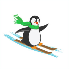 Funny Christmas penguin slide on skis  down winter hills. Flat Vector  isolated cartoon illustration with texture. Can be used for postcards, posters, greeting cards.