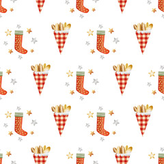 Roasted almond nuts in gingham paper bags vector seamless pattern background. Golden confectionery, festive stockings and stars stockings on white backdrop. Design for seasonal, winter, Christmas fair