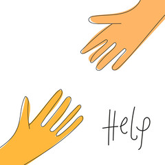 Obraz premium Helping hand concept. Gesture, sign of help and hope. Two hands reaching to each other. Isolated doodle cartoon line illustration on white background with sign Help.Child and mother.Close up body part