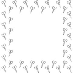 Square isolated frame from hand-drawn scissors black outline decorated with stripes on a white background for household, cutting, gardening, needlework, creativity. Vector template. Place for text. 