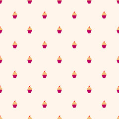 Seamless sweet cupcake party background pattern in vector. Cartoon doodle hand-drawn style. Retro Fabric Illustration.