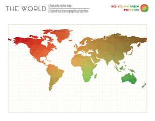 Polygonal map of the world. Cylindrical stereographic projection of the world. Red Yellow Green colored polygons. Energetic vector illustration.