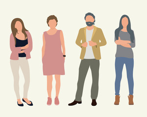 Obraz premium A man and three women. Vector characters, flat icon, isolated on white background.