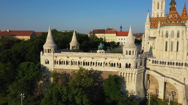 Drone closes to the Fisherman's Bastion in the early morning at spring time and clear weather. Budapest, Hungary