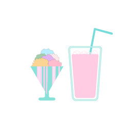 vector image of scoops of ice cream in a vase and strawberry milkshake with a straw