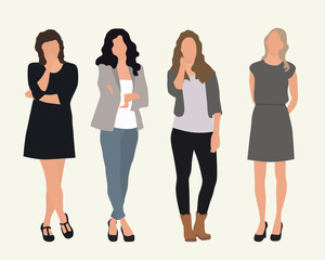Obraz premium Four women. Business womens. Vector characters, flat icon, isolated on white background.