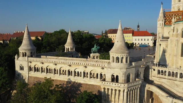 Drone goes slowly forward at the Fisherman's Bastion in the early morning at spring time and clear weather. Budapest, Hungary