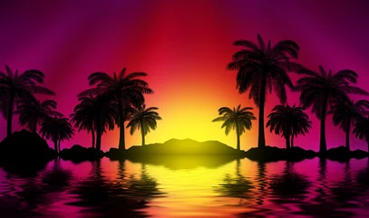 Peel and stick wall murals Bordeaux Silhouettes of tropical palm trees on a background of abstract background with neon glow. Reflection of palm trees on the water. 3d illustration