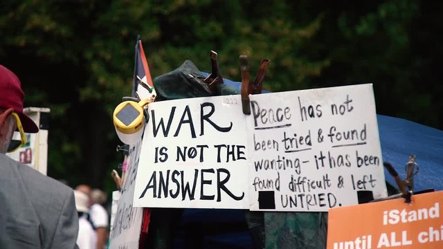 "War Is Not The Answer" Protest Sign outside of Government Building in Washington DC.