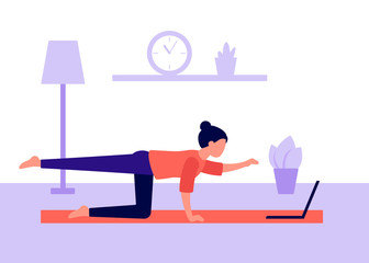 Woman practices yoga at home and watches video on laptop. Videoconference in sports, communication. Active leisure at home, doing exercises, health care. Vector illustration