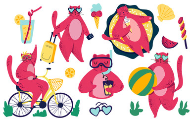 Characters set of cat. Vacation, summer, sport, fun, lifestyle theme. Scandinavian style. Hand drawn cartoon style vector illustration for prints, kids products, cards, posters, packaging, apparel