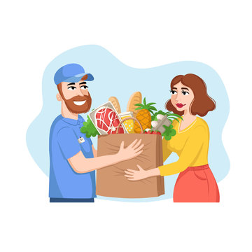 Vector cartoon illustration on the theme of food delivery. The сourier delivers food home. Flat design