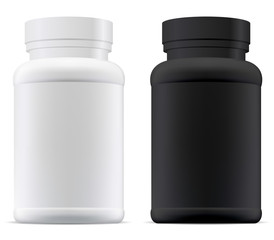 Black and white pill jar. Plastic supplement bottle mockup. Pharmaceutical tablet container illustration. Set of aspirin capsule package vector design. Protein powder pack