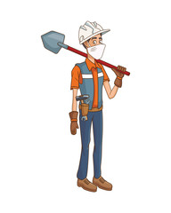 builder using medical mask with shovel