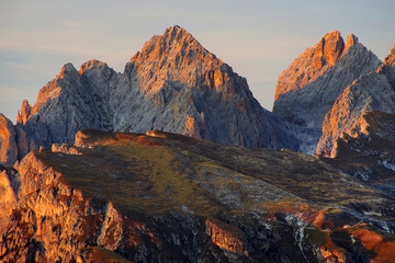 Sunset colours over Odle Group Mountains, Dolomites, Italy, Europe