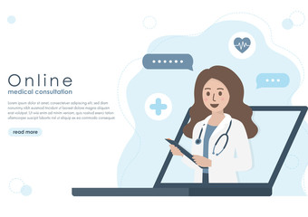 Laptop screen of female doctor with stethoscope, patient medical records and health icons. Online doctor, medical consultation and healthcare concept. Flat vector illustration. Copy space for text.