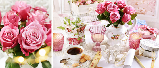 romantic style collage with bunch of pink roses and cup of coffee